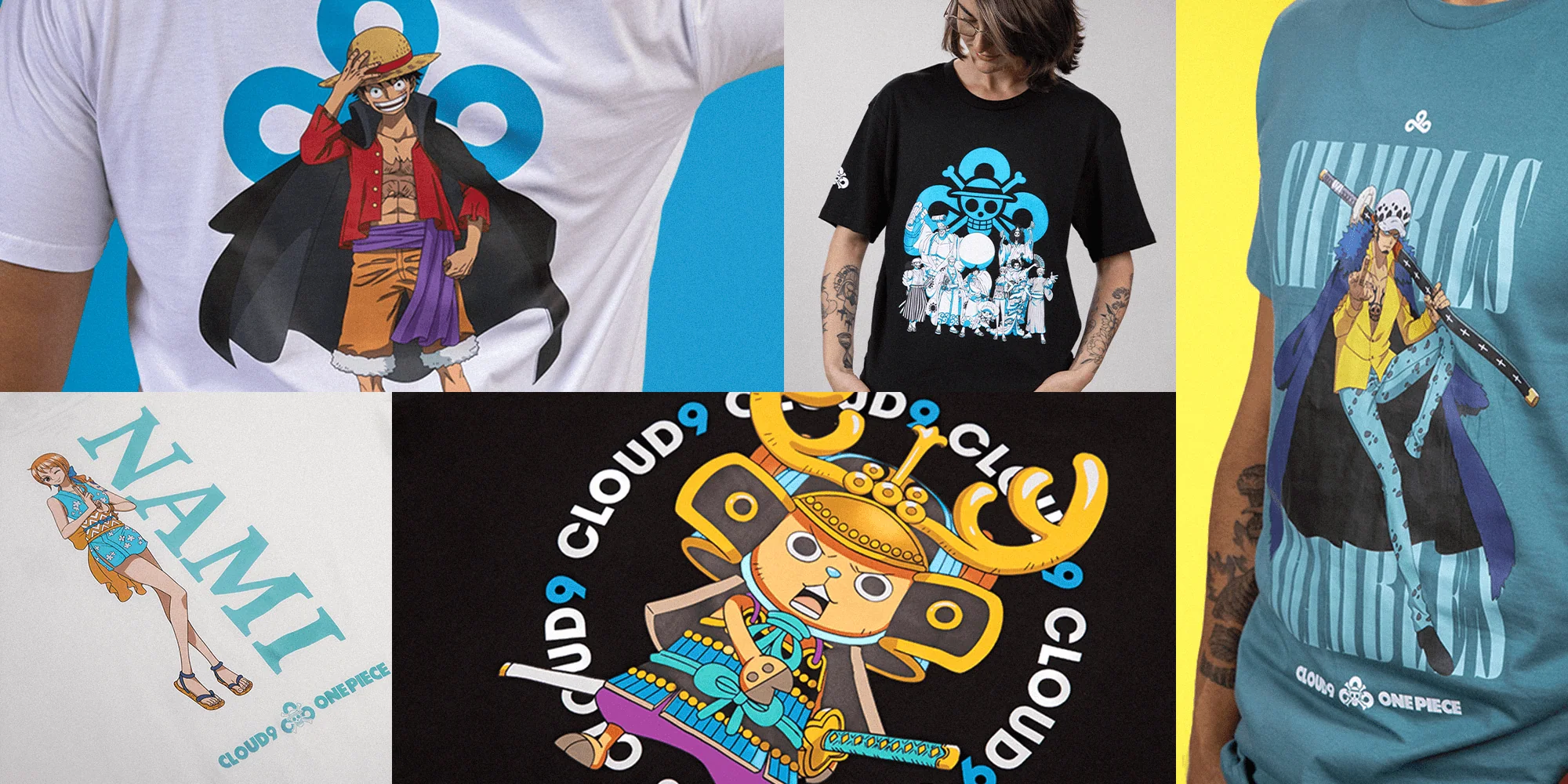 Five printed T-shirts from Cloud9’s One Piece collaboration: Luffy on white, the crew under a skull on black, Nami beside her name in teal, Chopper in samurai armour ringed by the Cloud9 name, and Law on teal