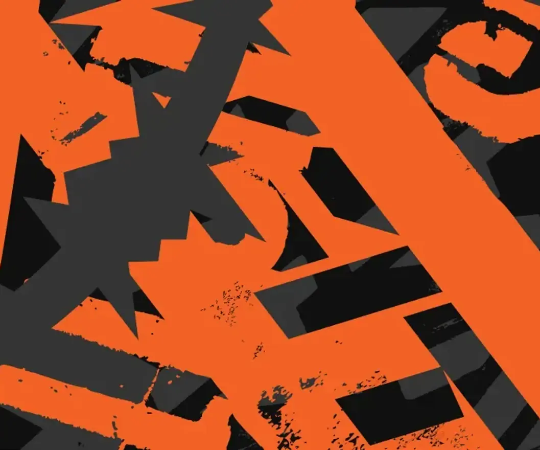 Fugitive’s brand pattern cycling: distressed orange lettering, "Can’t catch this", the F mark and barbed wire, over black and grey