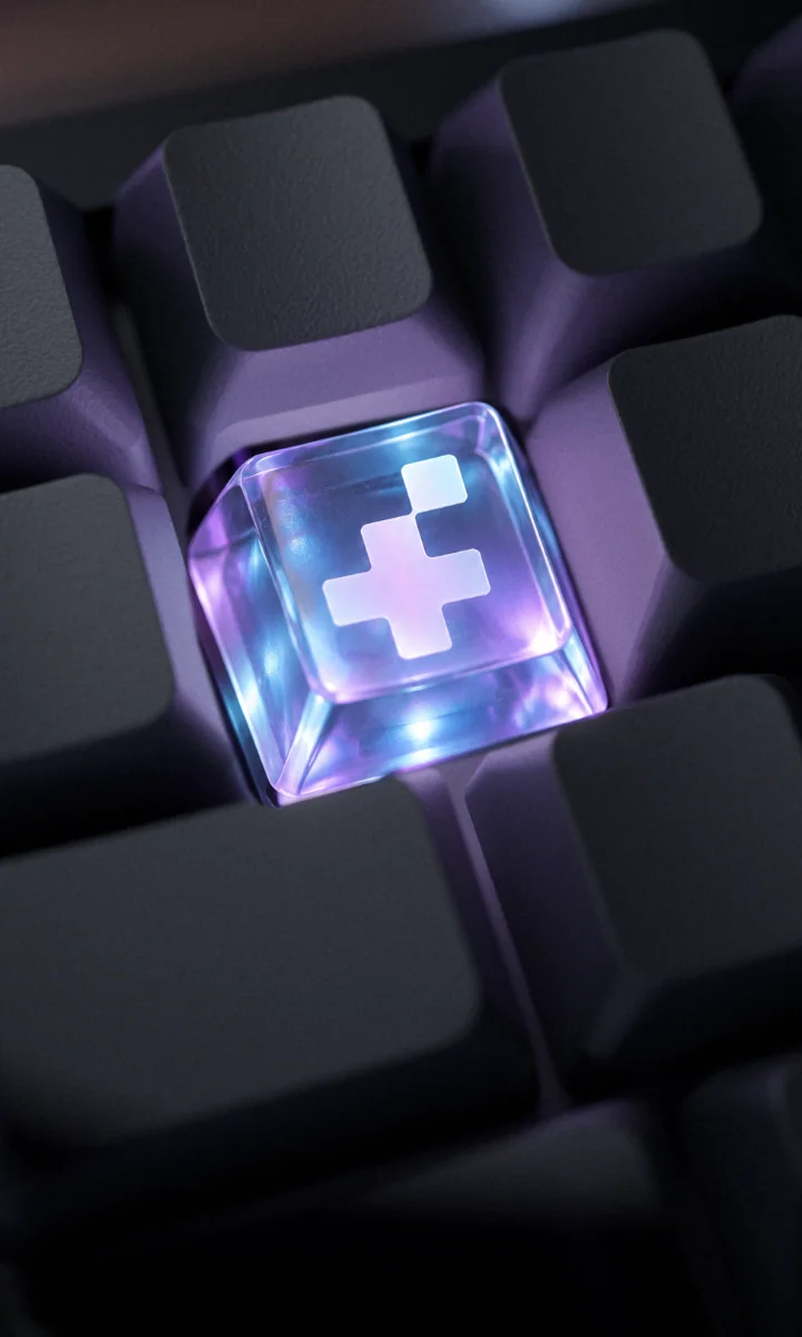 A glass-clear resin keycap glowing ice blue and lilac in the number row of a black mechanical keyboard at night, the pixel plus with its +1 square suspended inside it in pearly white, the blank black keys round it in straight staggered rows, lit purple by its glow