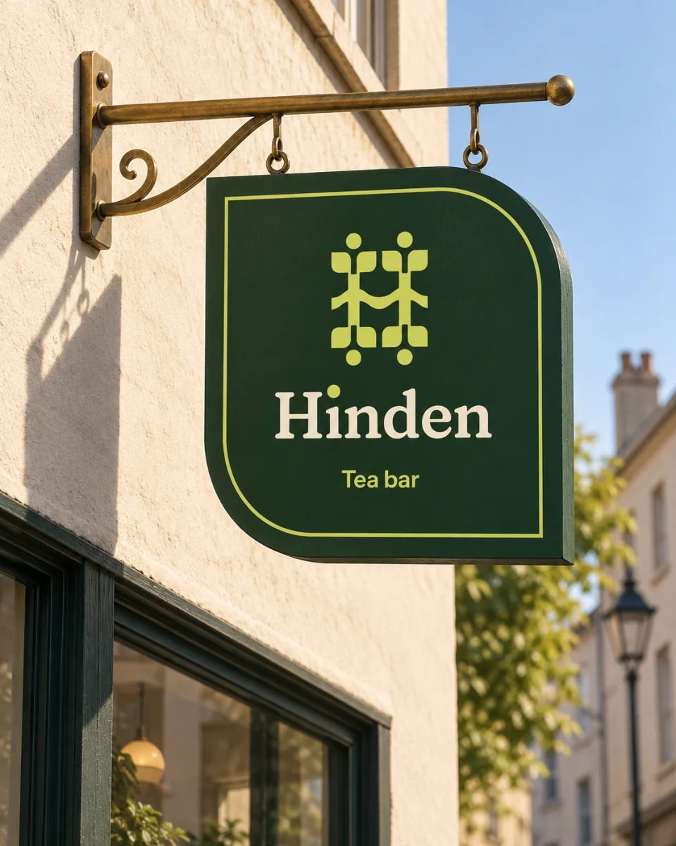 Hinden's hanging sign in the morning sun: a thick garden-green panel shaped like a leaf, a yellow-green line inset round it, the sprout mark, Hinden in cream and Tea bar, hanging from a brass scroll bracket off a limewashed facade above a green-framed shop window