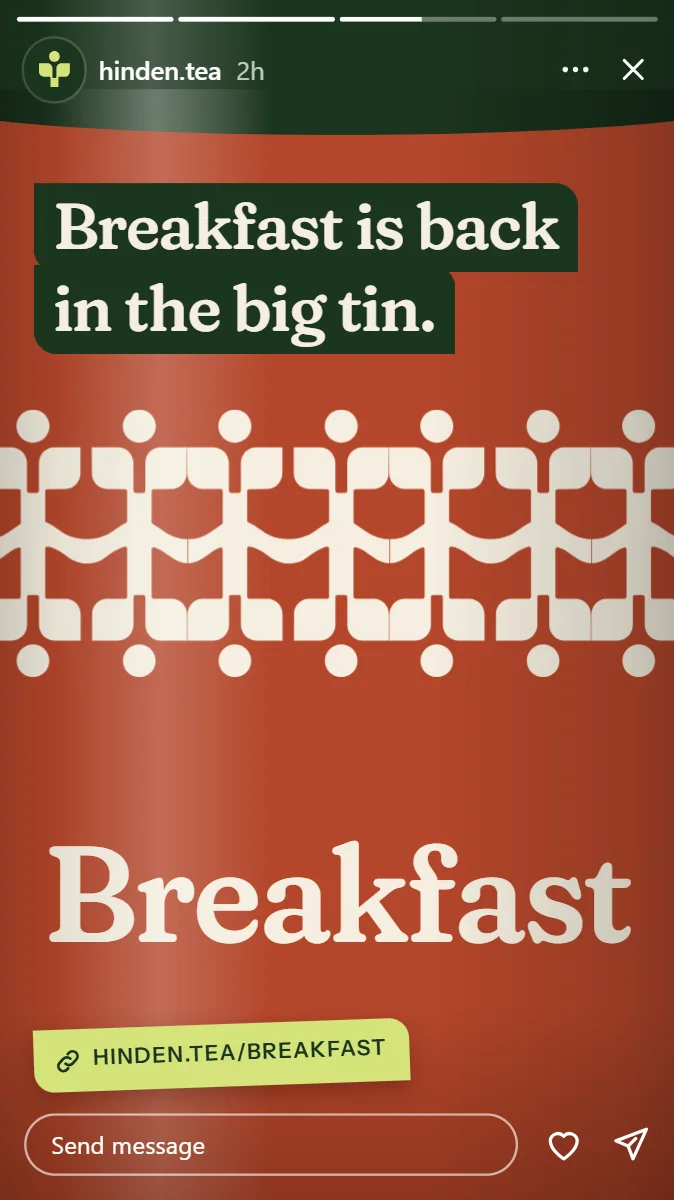A Hinden story for a phone, tall, the tea's colour filling it and its line set large