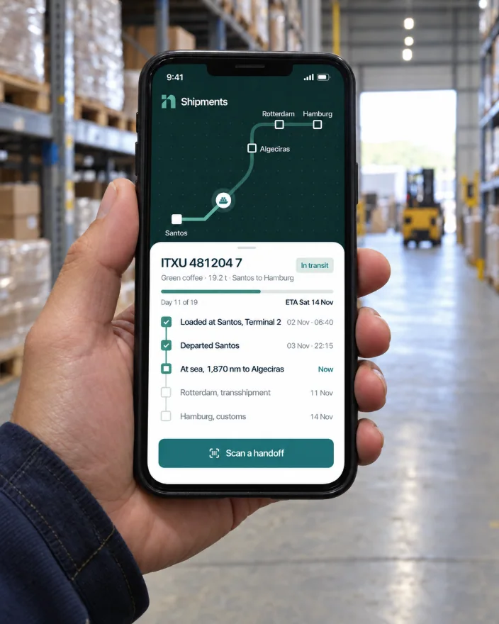 A hand holds a phone in a warehouse aisle between pallet racks, a forklift beyond: the Intertrace app shows a container of green coffee on a transit-map route from Santos by Algeciras and Rotterdam to Hamburg, its timeline of handoffs and a “Scan a handoff” button