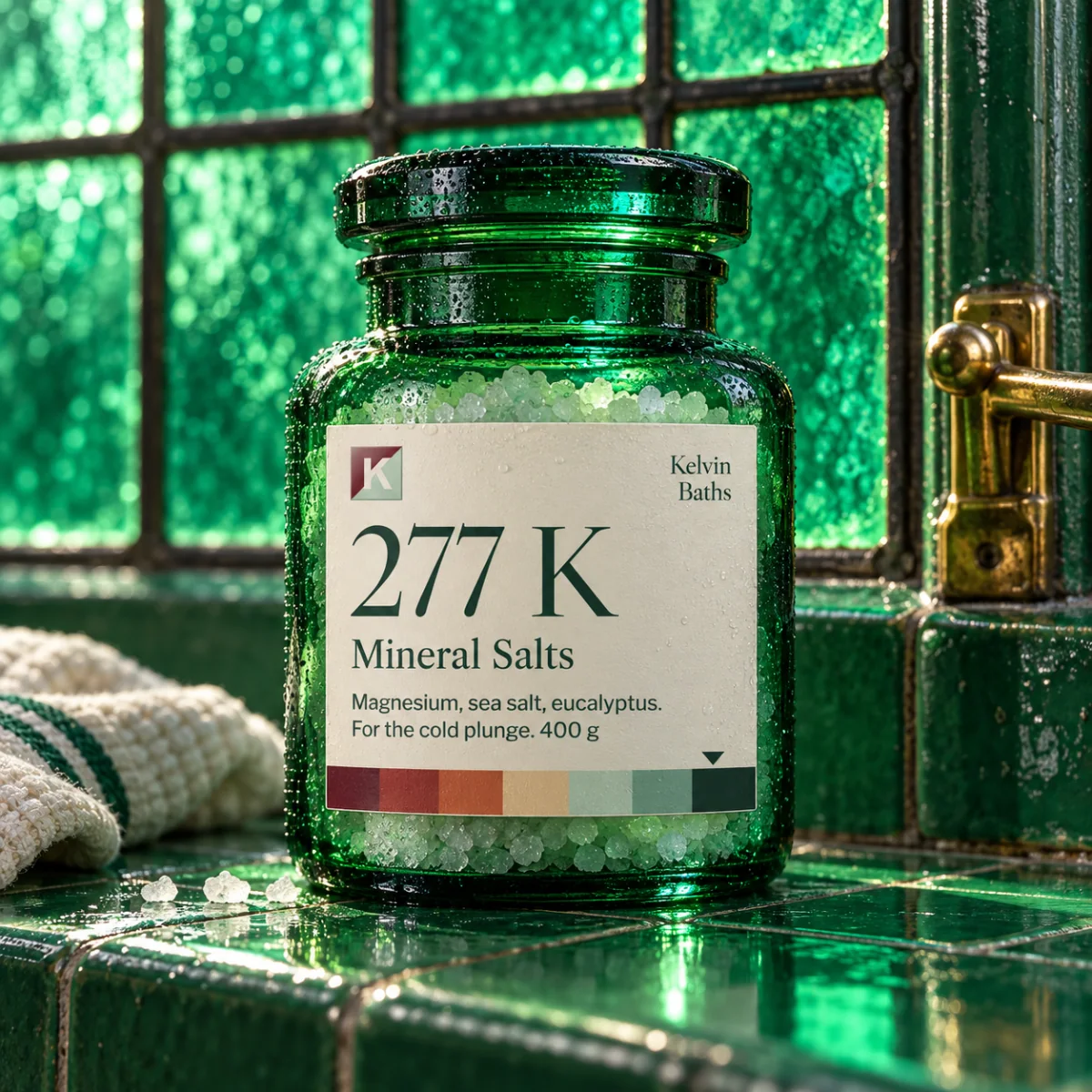 A green glass apothecary jar of Kelvin Baths mineral salts, its cream label reading “277 K, Mineral Salts”, beaded with condensation on the emerald-tiled sill of a leaded window glazed in green glass, daylight glowing through; a brass latch and a folded striped towel at the edges