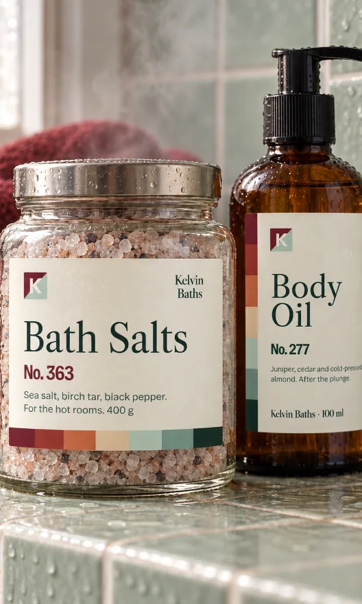 A glass jar of bath salts labelled No. 363 and an amber bottle of body oil labelled No. 277, on a wet celadon-tiled ledge with an oxblood towel behind