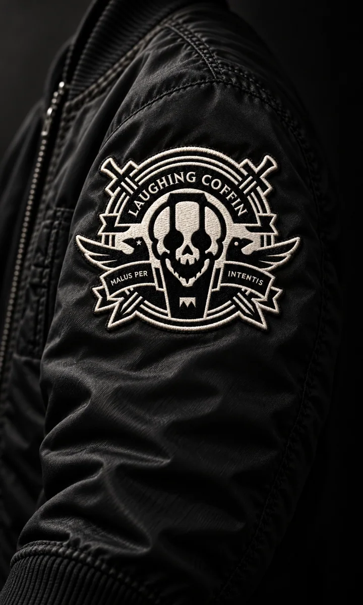 Photograph of the Laughing Coffin emblem as a dense embroidered patch on the upper sleeve of a black nylon bomber jacket, the whole patch in a pool of raking light: bone-white thread on black, the coffin-skull, crossed daggers, twin ravens and ribbons, LAUGHING COFFIN arched across the top; around it the shoulder seam, the sleeve's folds, the zip and knit collar falling into shadow