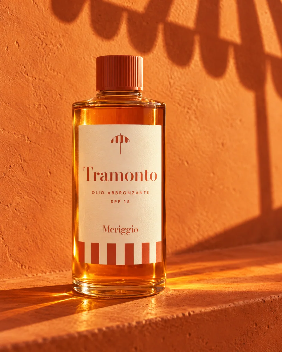 A clear glass bottle of amber tanning oil, Meriggio’s Tramonto SPF 15, its cream label striped at the foot and a terracotta cap, on a tangerine plaster ledge in the low evening sun; the oil throws a glowing orange light across the ledge, and a beach umbrella’s scalloped fringe casts its shadow on the wall behind