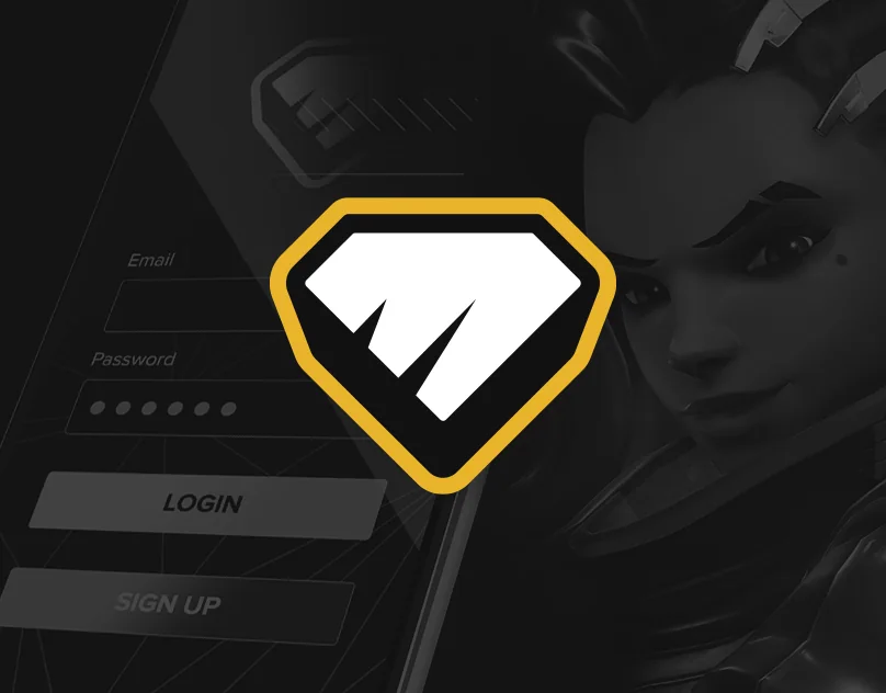 Metaview’s mark, a white diamond cut into an M inside a gold outline, over a dimmed login screen and game art