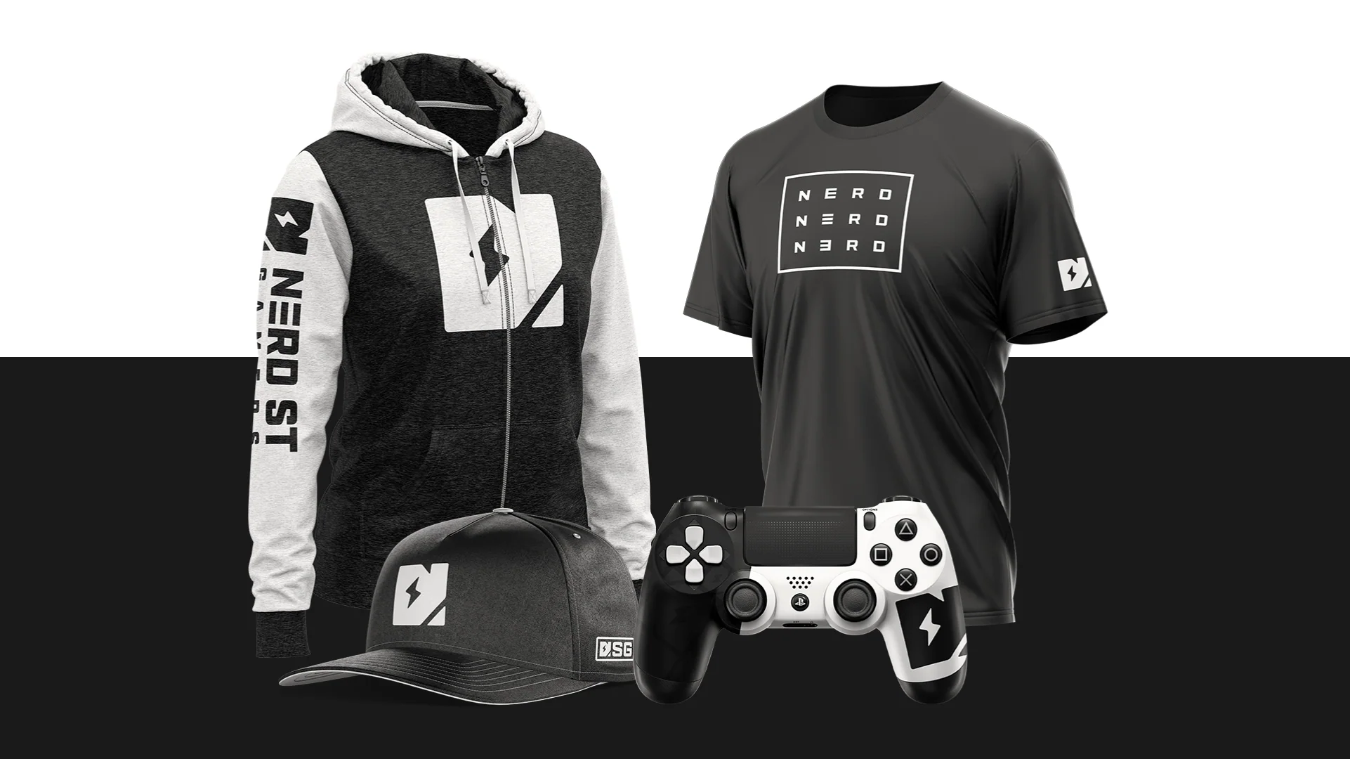 Nerd Street Gamers merchandise in black and white: a zip hoodie, a tee printed with NERD three times in a square, a cap and a controller, each carrying the bolt mark