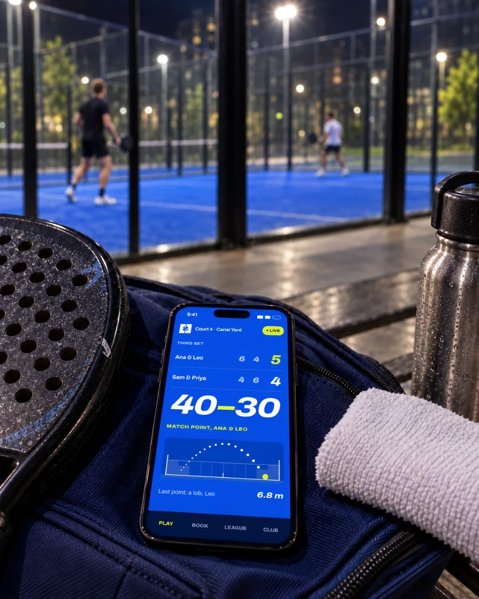 A phone lying on a racket bag on the bench outside a floodlit court at night, showing the Parabola live score under the new mark: the sets, a huge italic 40–30, match point, and the court from the side with the lob